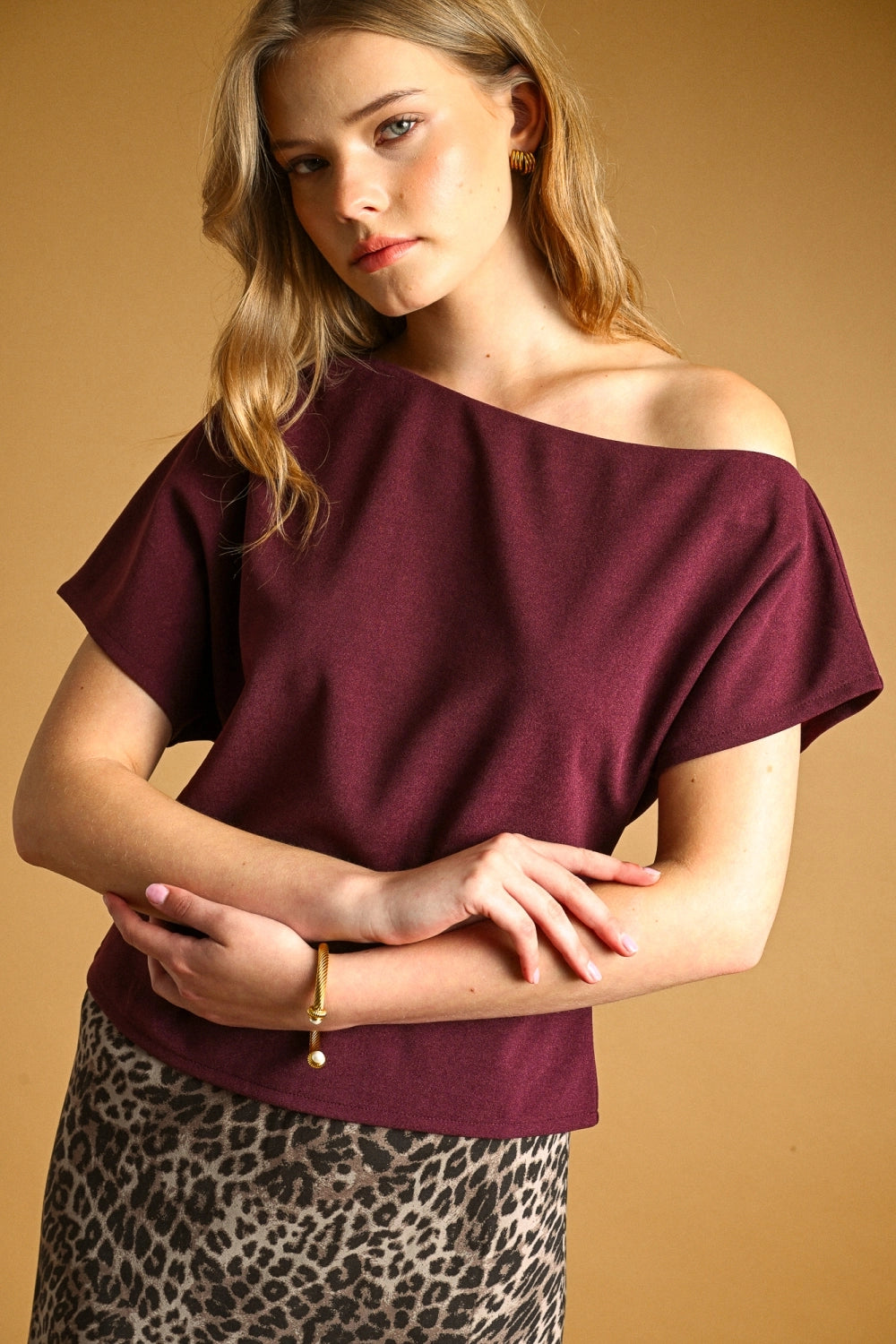 Boat Neck Asymmetric Top - Wine