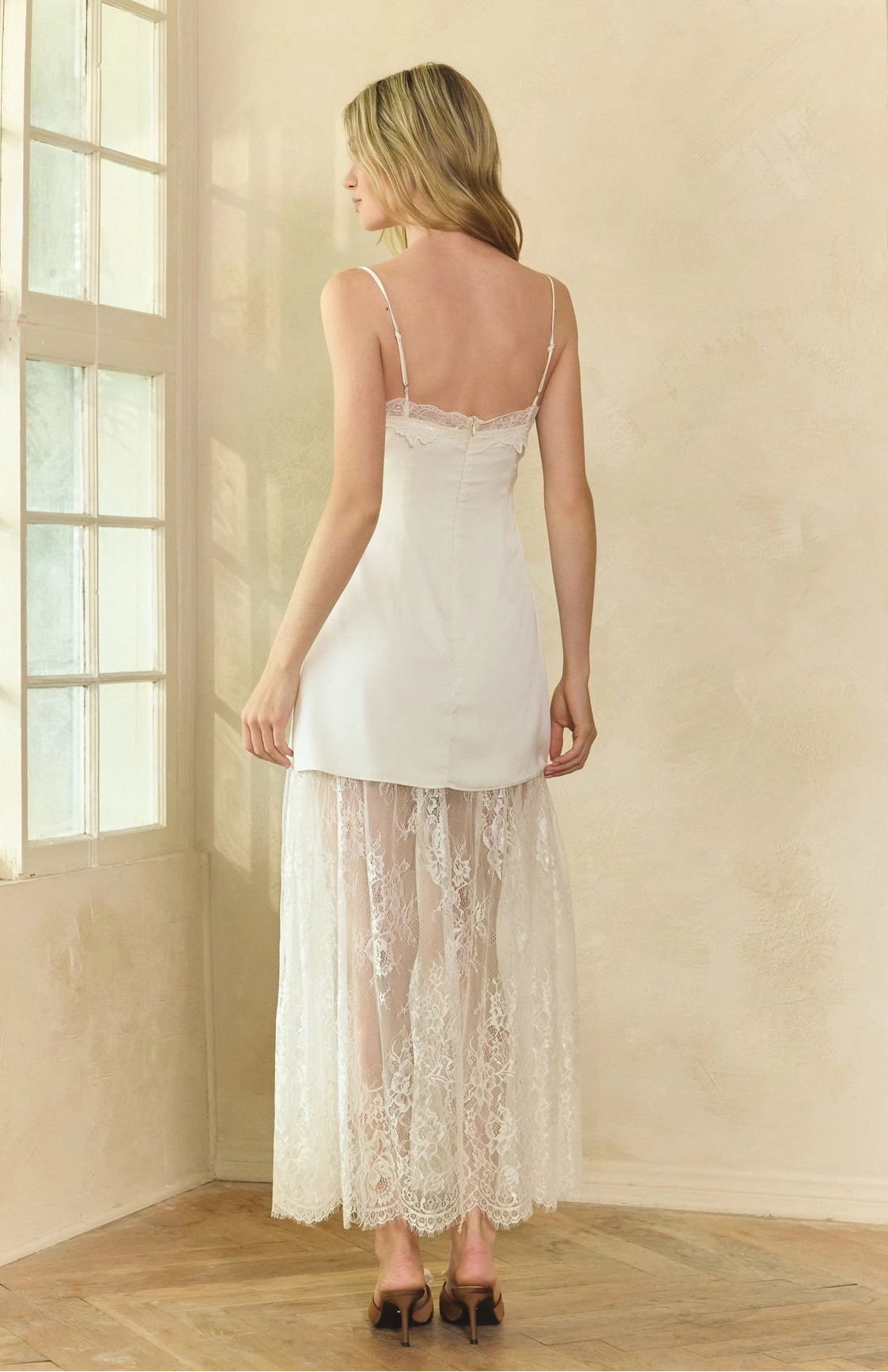 Lace Trim Satin Maxi Slip Dress - White