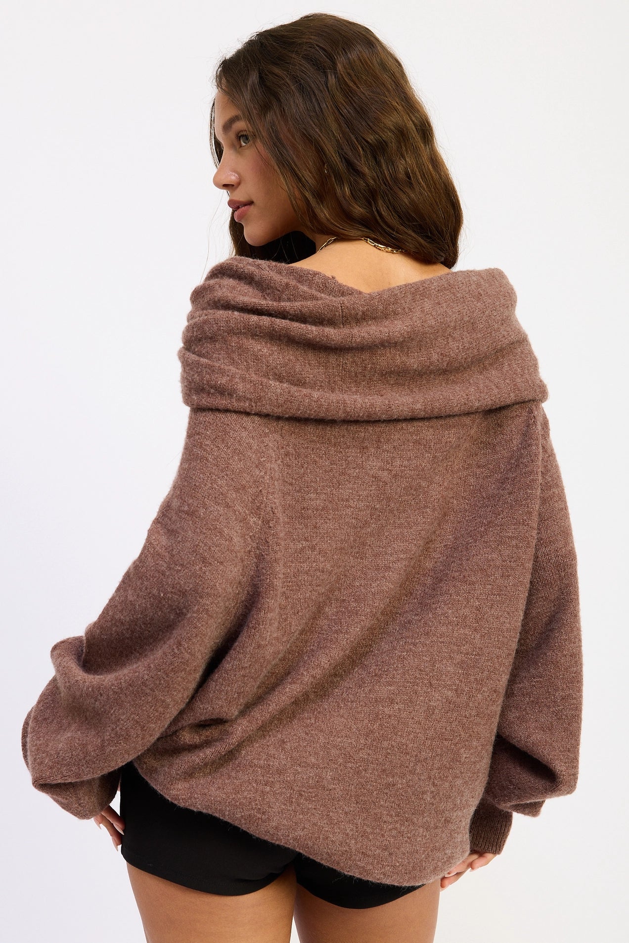 Off Shoulder Bubble Hem Sweater - Chocolate