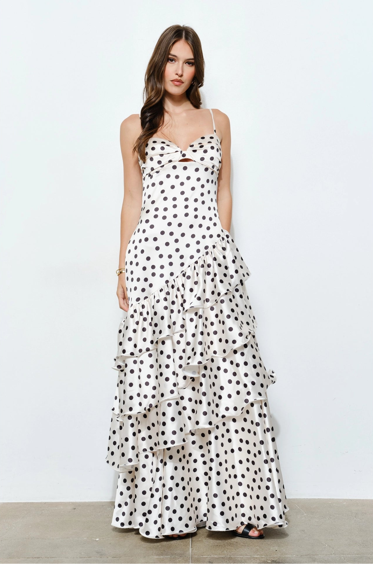 Satin Polka Dot Ruffle Maxi Dress - White