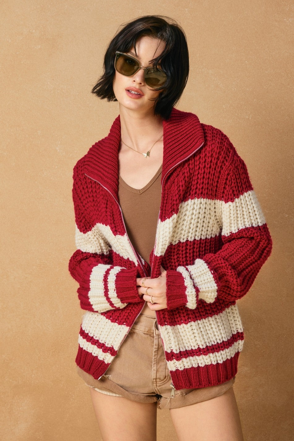 Striped Sweater Jacket - Red