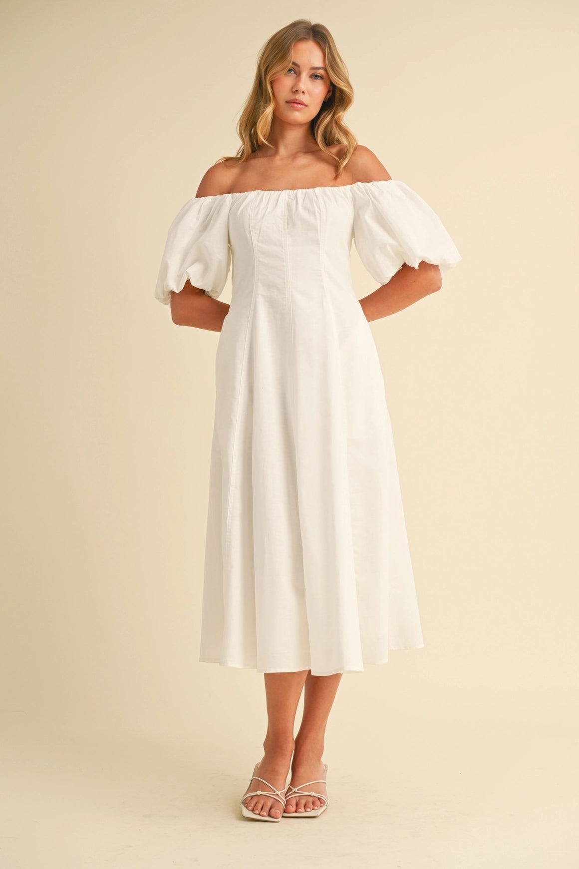 Off Shoulder A-Line Midi Dress - White