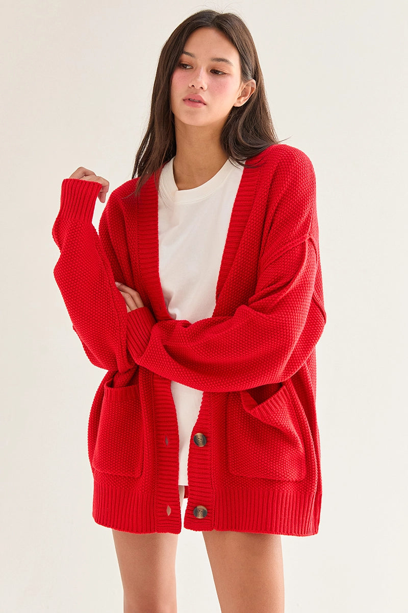 Button Front Oversized Cardigan - Red