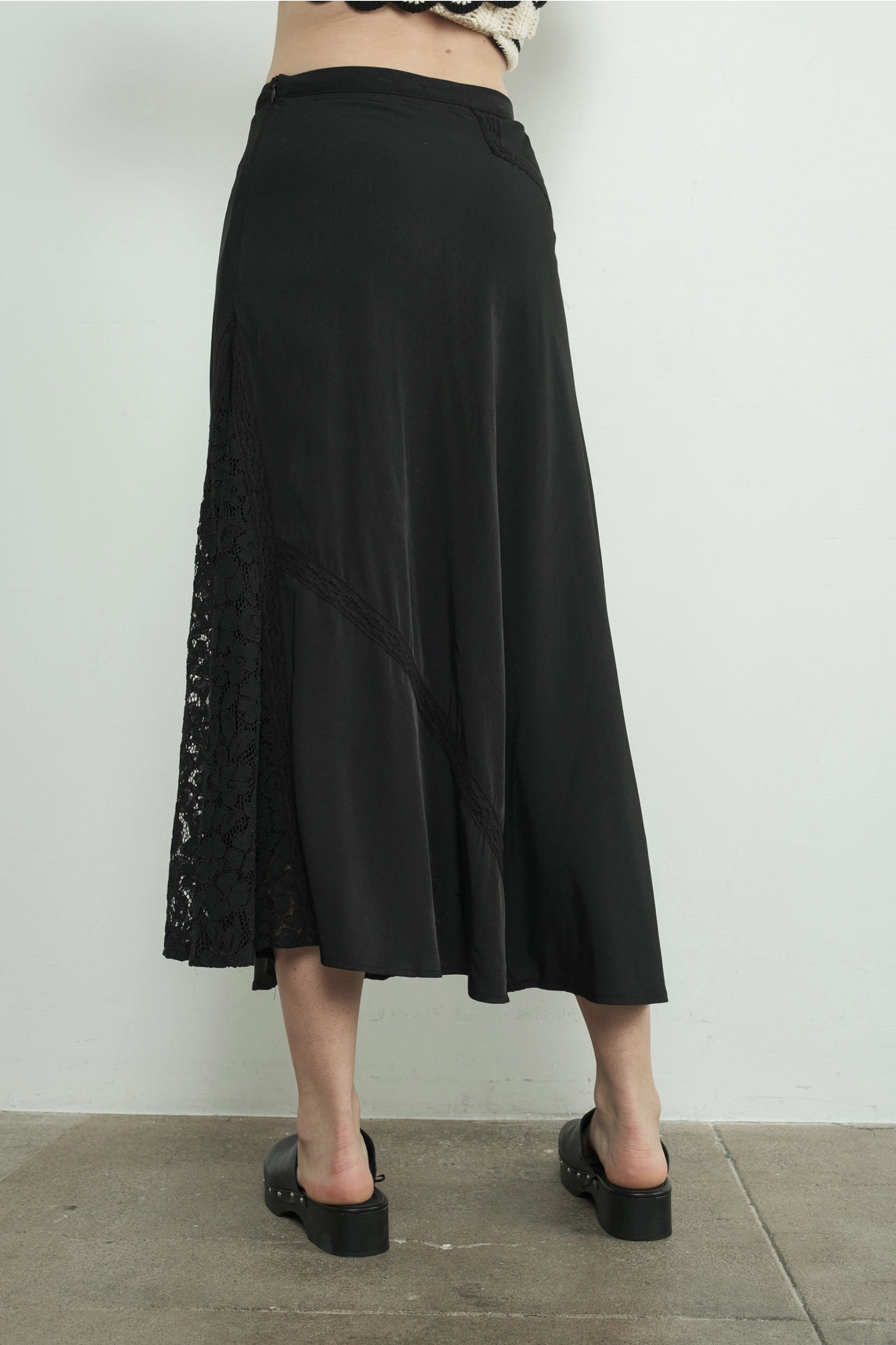 Satin Lace Midi Skirt - Black