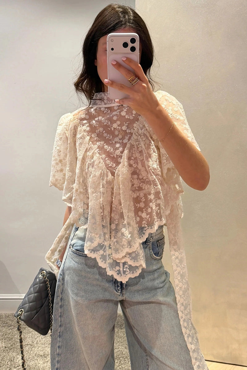 Floral Lace Ruffled Blouse - White