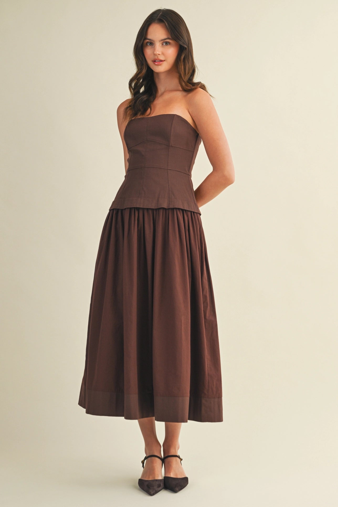 Corset Lined Strapless Dress - Brown