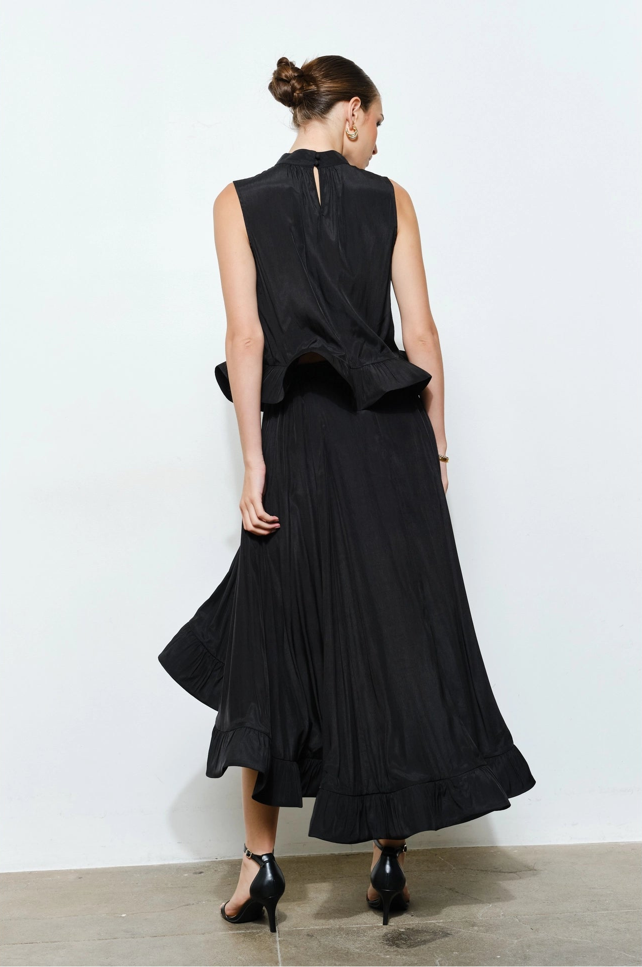 Ruffled Peplum High Neck Top - Black