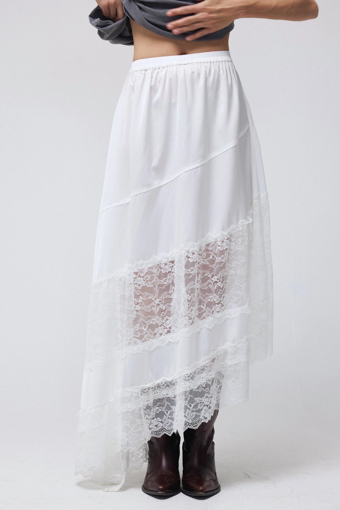 Asymmetrical Lace Satin Midi Skirt