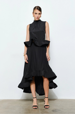 Ruffled High-Low Midi Skirt - Black