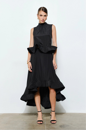 Ruffled Peplum High Neck Top - Black