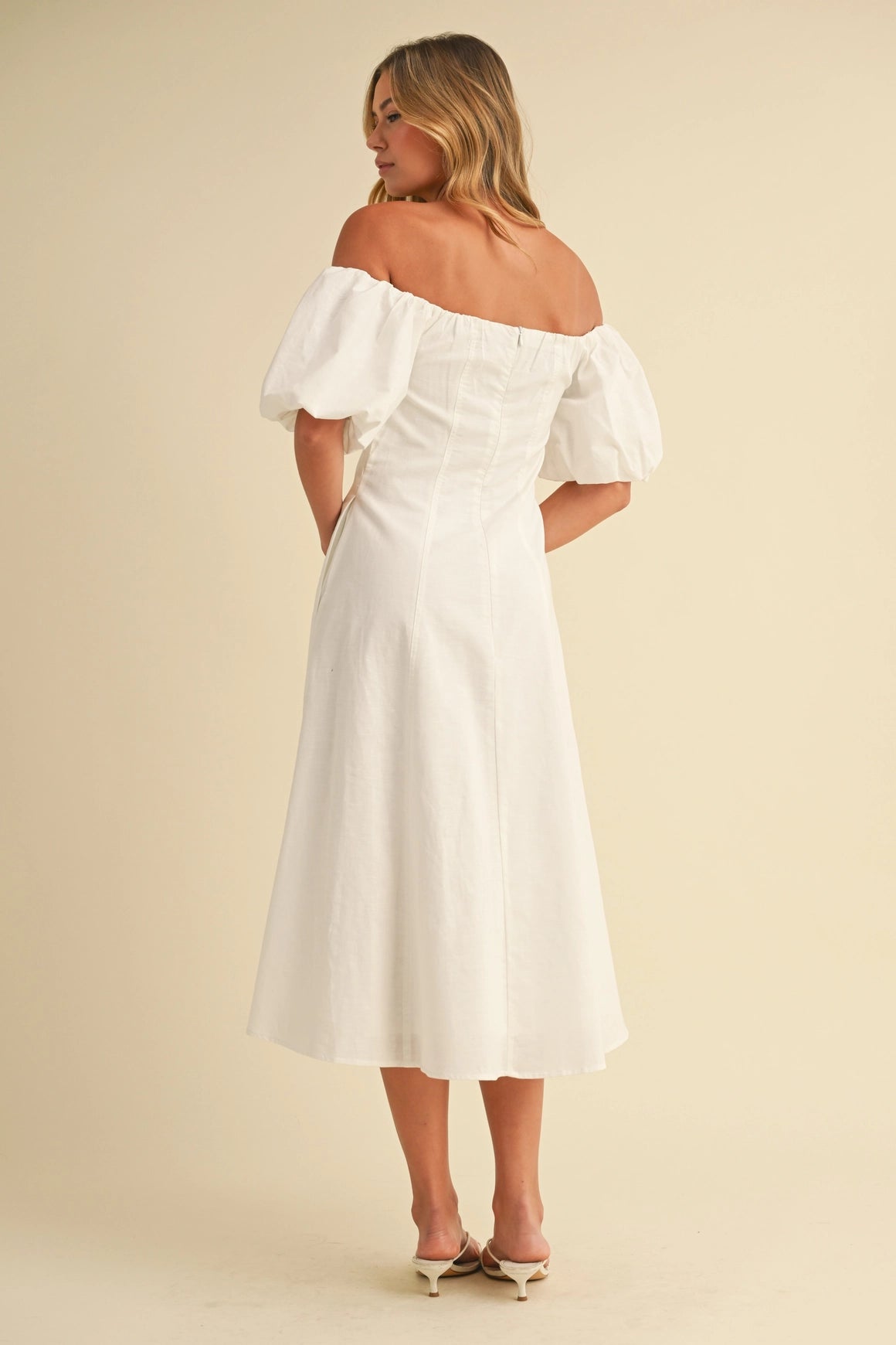 Off Shoulder A-Line Midi Dress - White