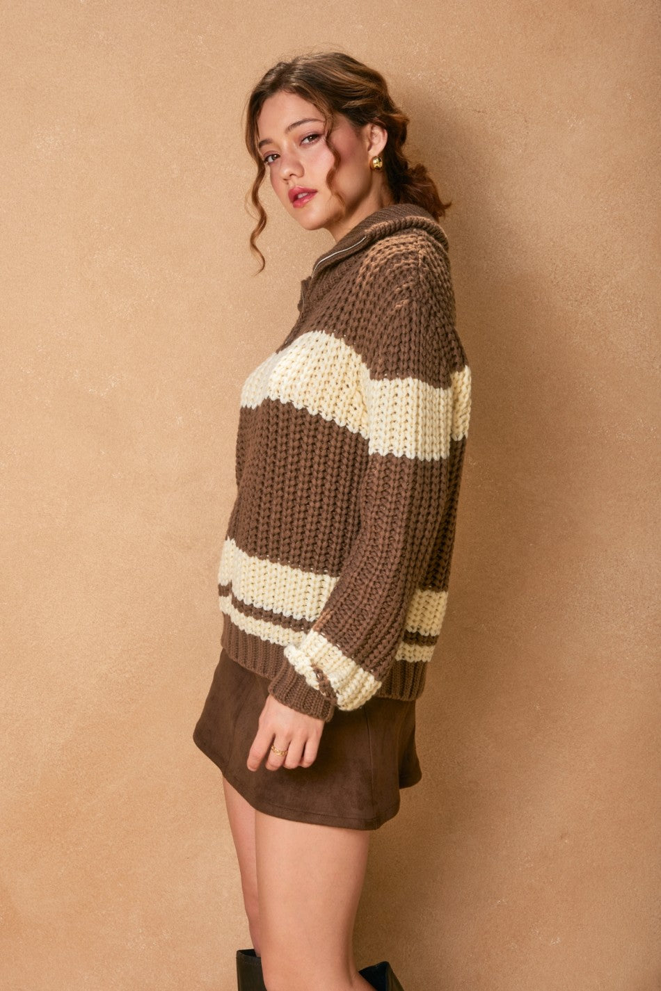 Striped Sweater Jacket - Brown