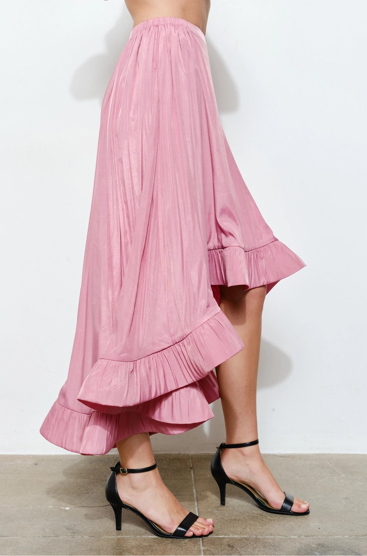 Ruffled High-Low Midi Skirt - Pink