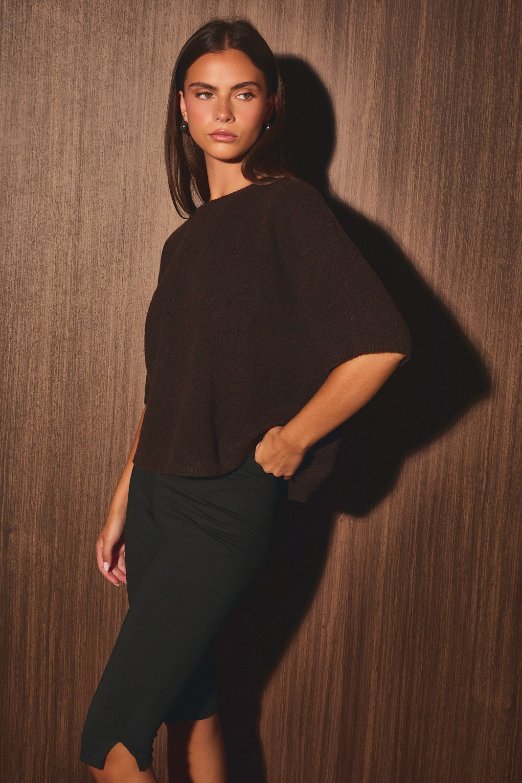 Crew Neck Sweater Top - Brown
