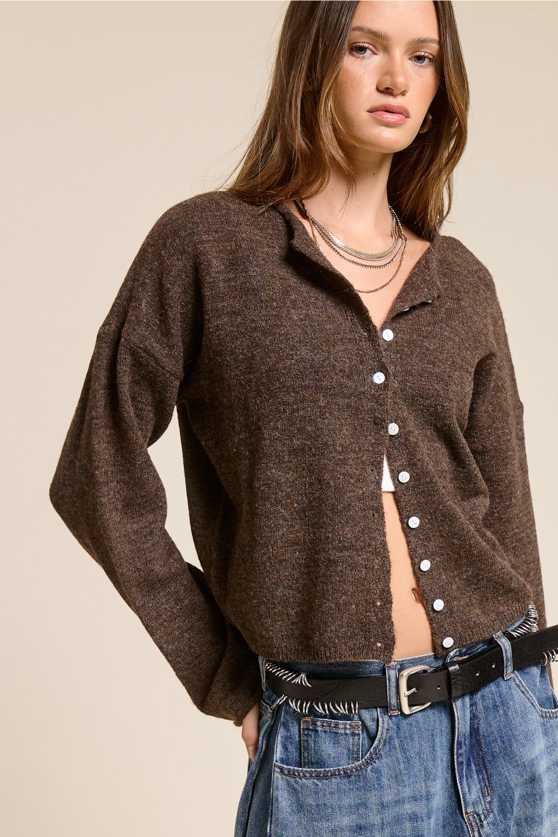 Elise Button Down Cardigan - Walnut