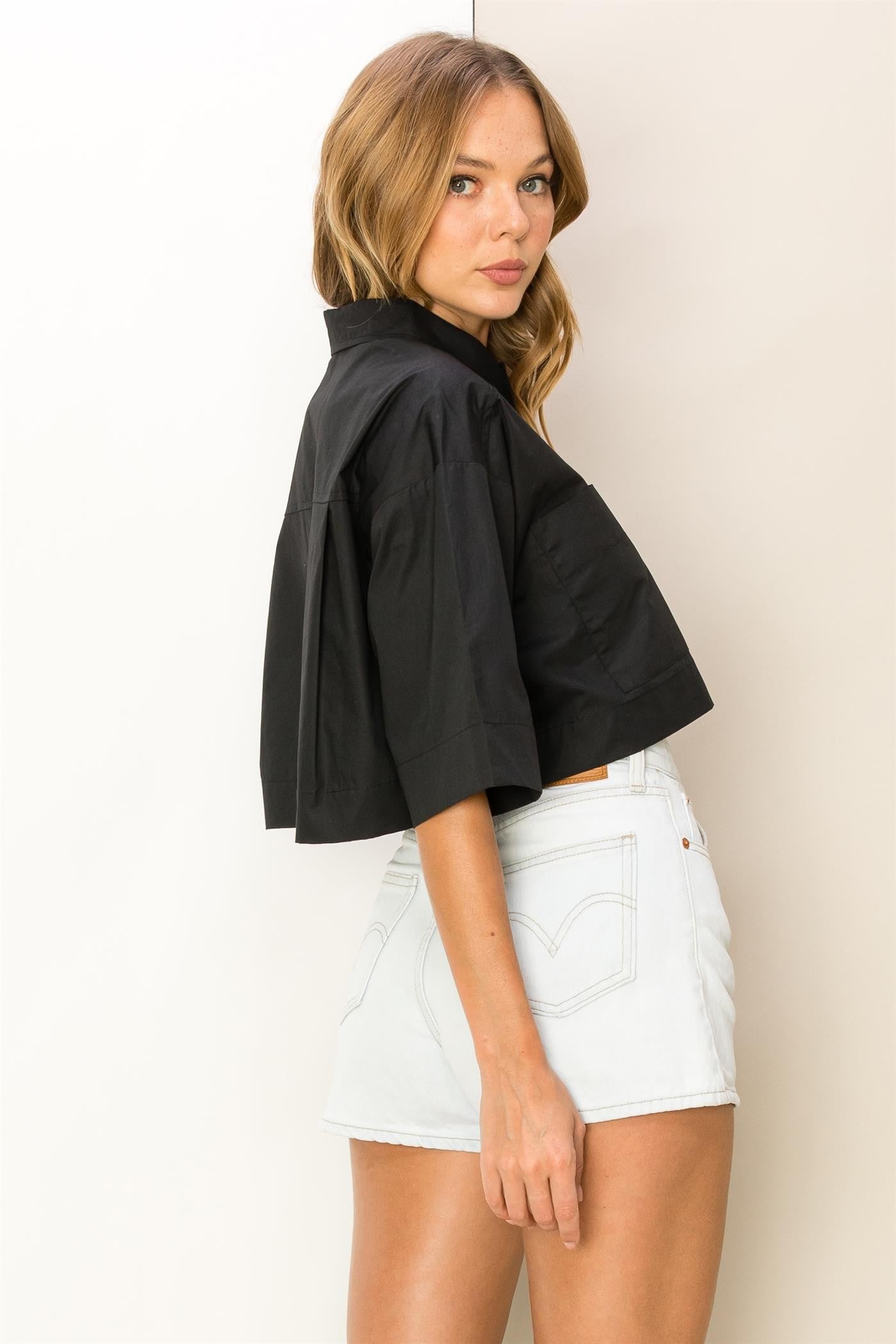 Go Getter Cropped Button Down Top