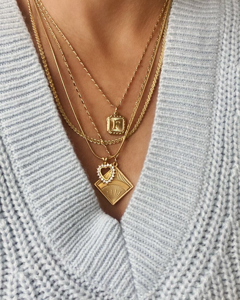 18K Gold Initial Necklace - Letter Medal Alphabet Pendant Necklace Gold  Jewelry Square Medallion Gold Gift Jewelry Waterproof Birthday Gift